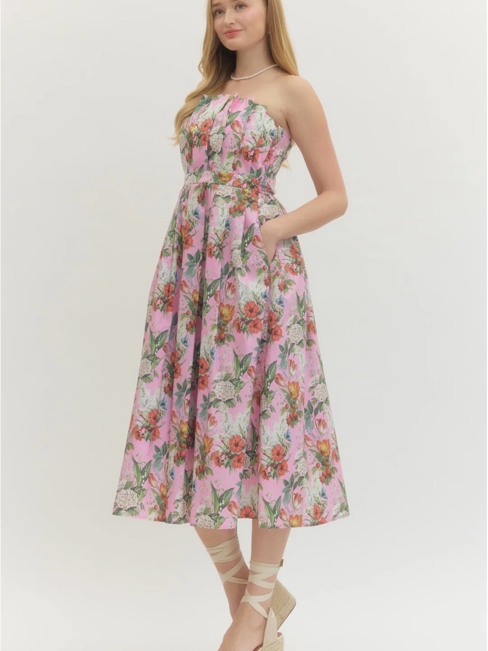 Floral Strapless Midi Dress in Pink